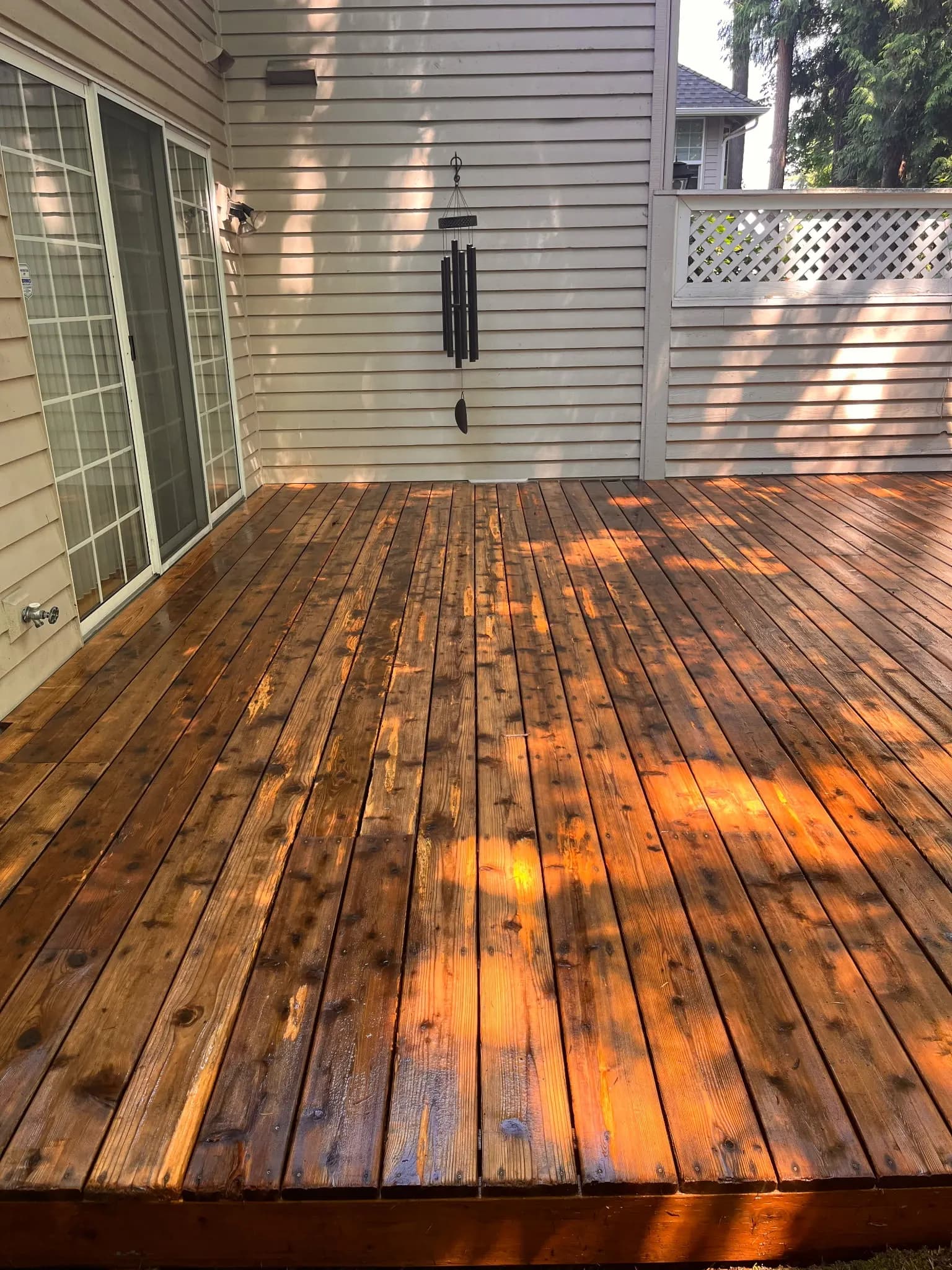 After — Weathered gray backyard deck restored to rich clean cedar by soft washing
