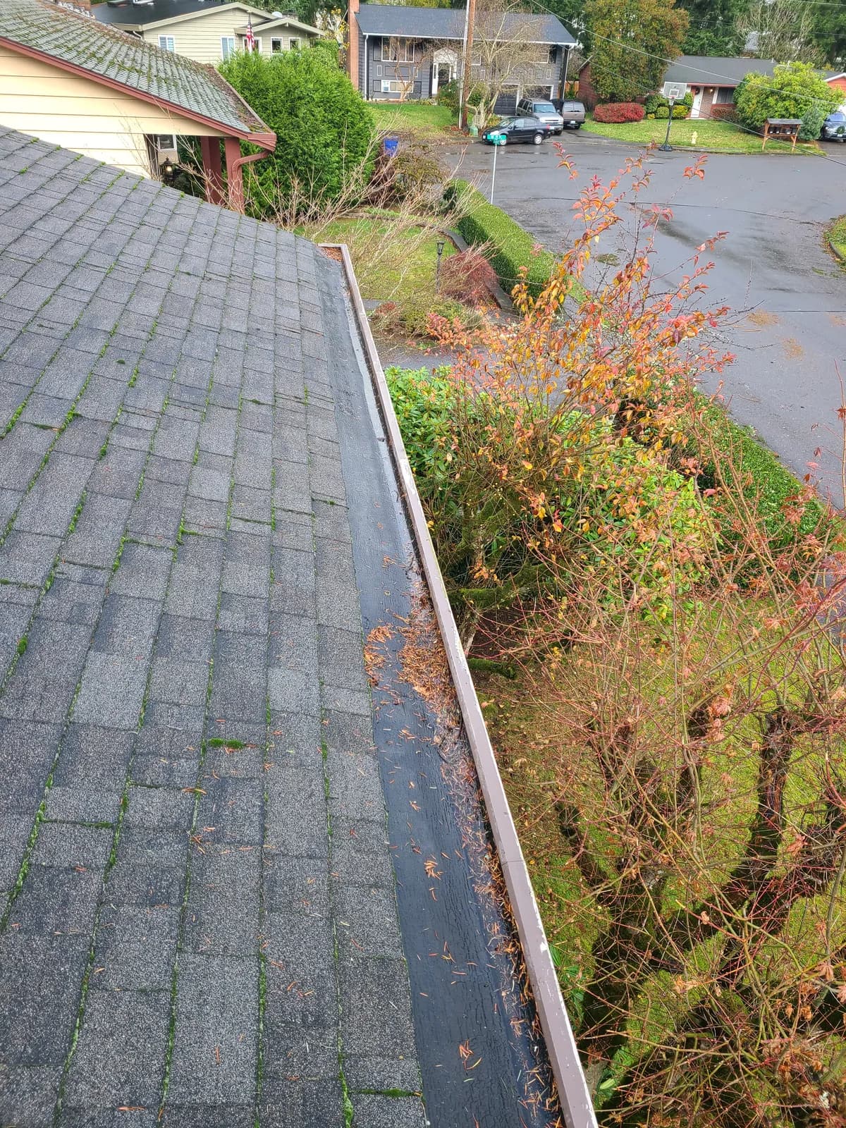 Before — Street-side gutter run filled with needles and debris, cleaned end to end