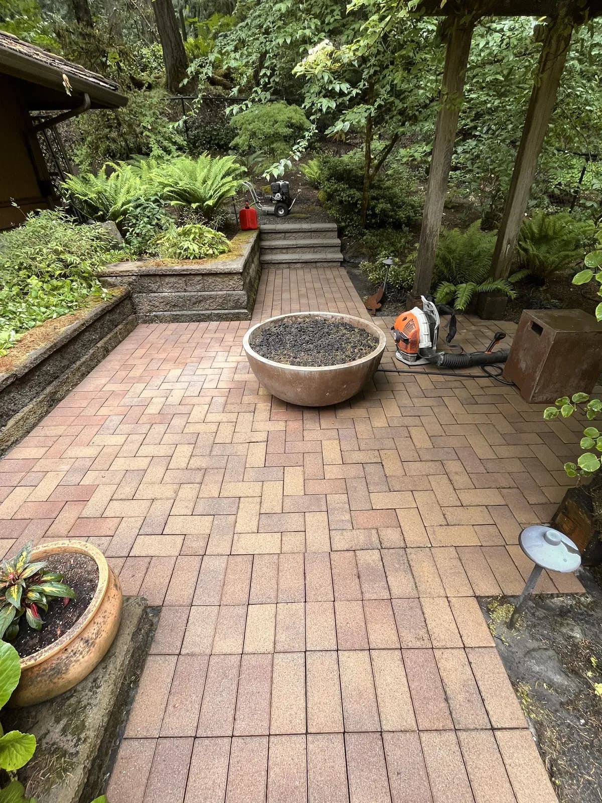After — Mossy herringbone brick patio around a fire pit, washed back to clean pavers